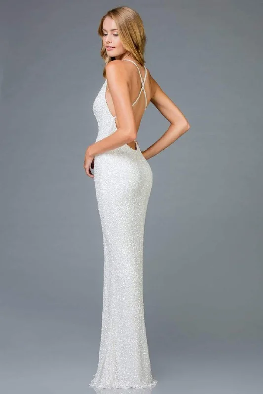 SCALA - Sequined Plunging Halter V-neck Sheath Dress 48949