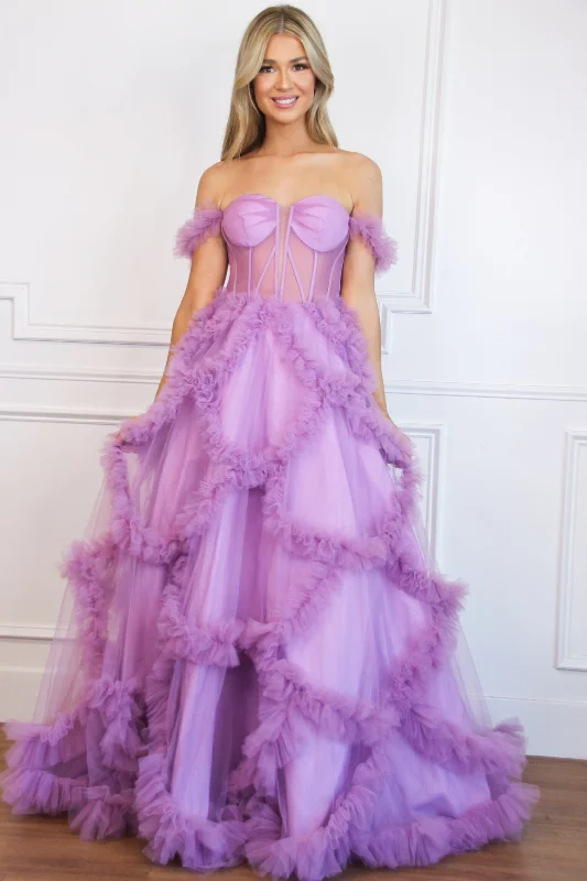 Speak Now Off Shoulder Bustier Ruffle Formal Dress: Lavender