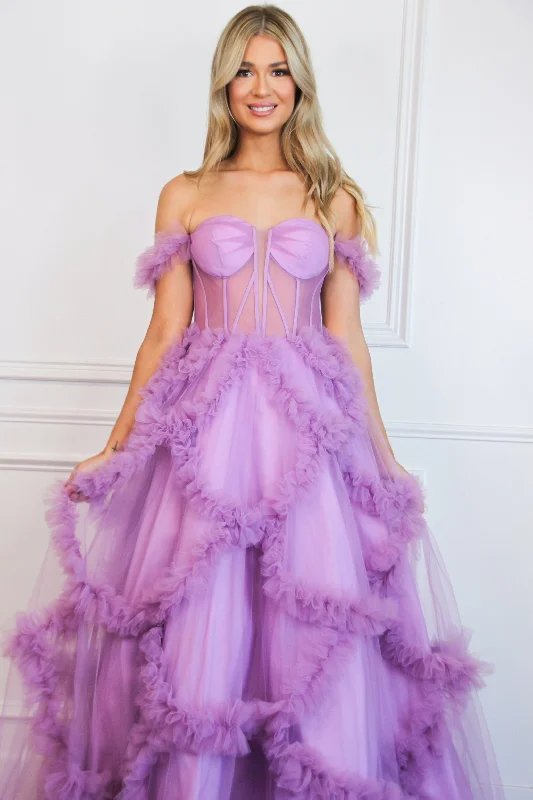 Speak Now Off Shoulder Bustier Ruffle Formal Dress: Lavender