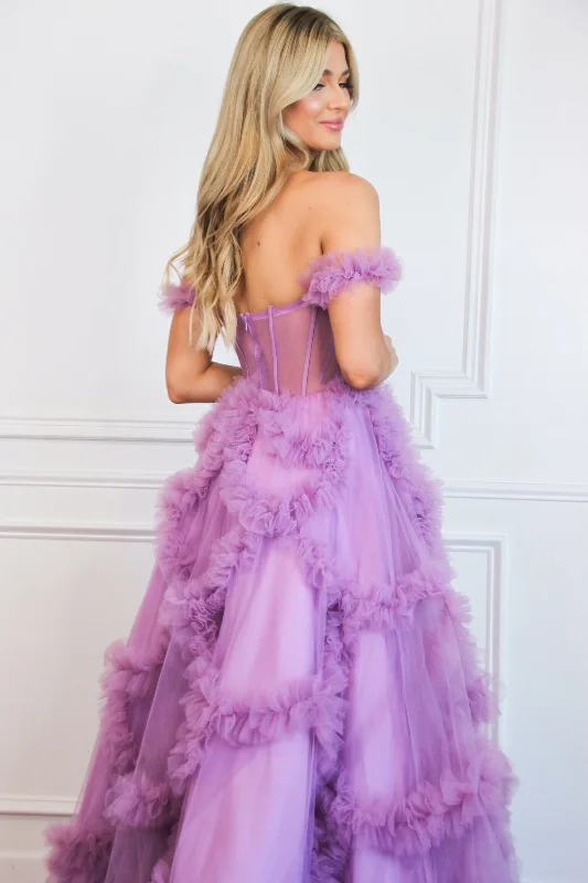 Speak Now Off Shoulder Bustier Ruffle Formal Dress: Lavender