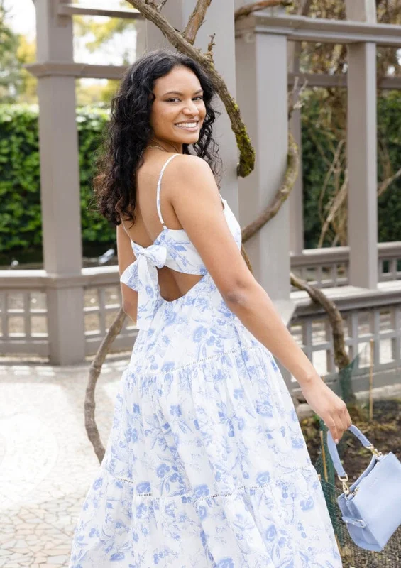 Universe Blue Floral Tie Back Tiered Strappy Maxi Dress - Blue