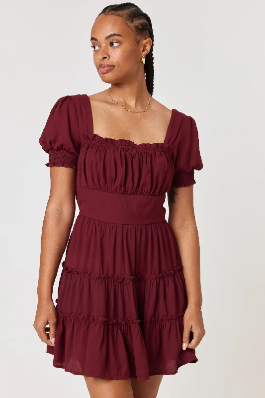 Wine Cinched Waist Tier Dress