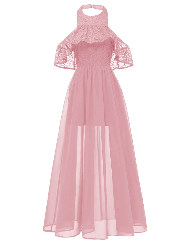 1940s Solid Lace Cold-Shoulder Long Dress