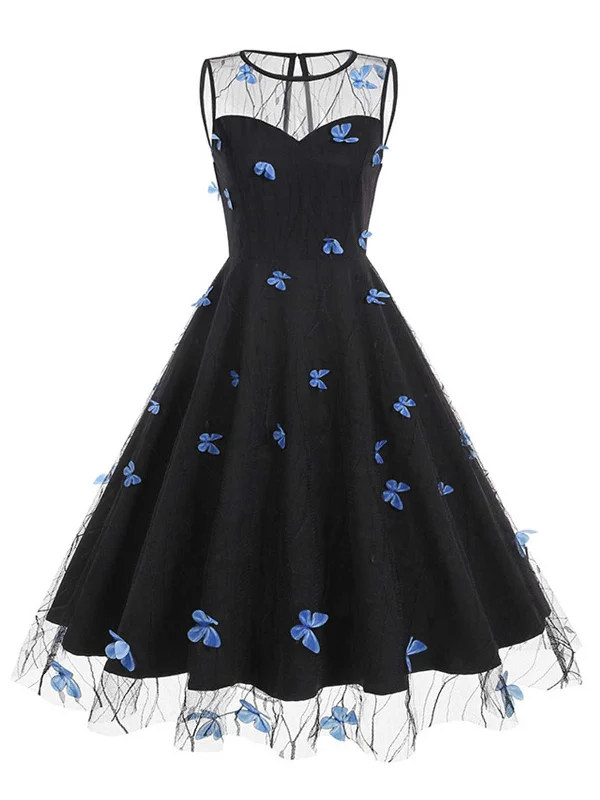 1950s Round Neck Embroidery Butterflies Mesh Dress