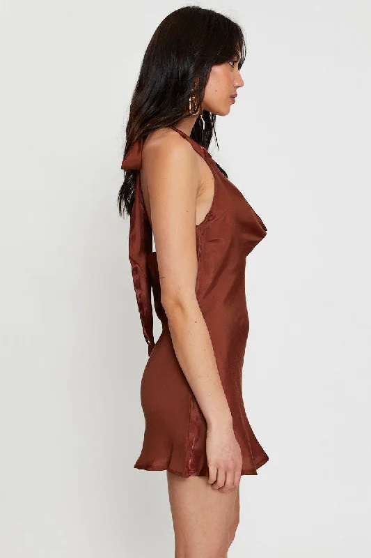 Brown Mini Dress Cowl Neck Satin