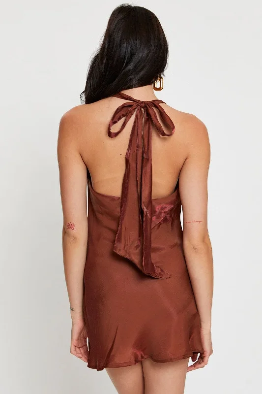 Brown Mini Dress Cowl Neck Satin