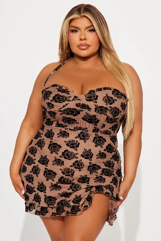 Call Me Rosie Halter Mini Dress - Brown Combo