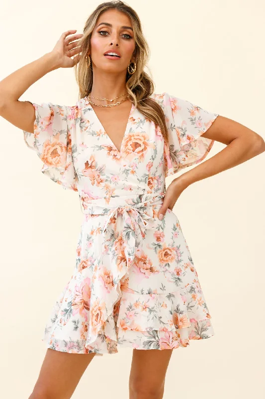 Cami Angel Sleeve Faux Wrap Dress Rose Print Pink