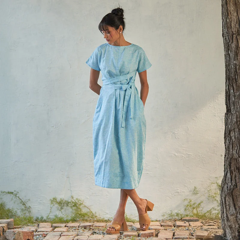 Textured Cotton Midi Dress for Women | Ice Blue | Double Belt