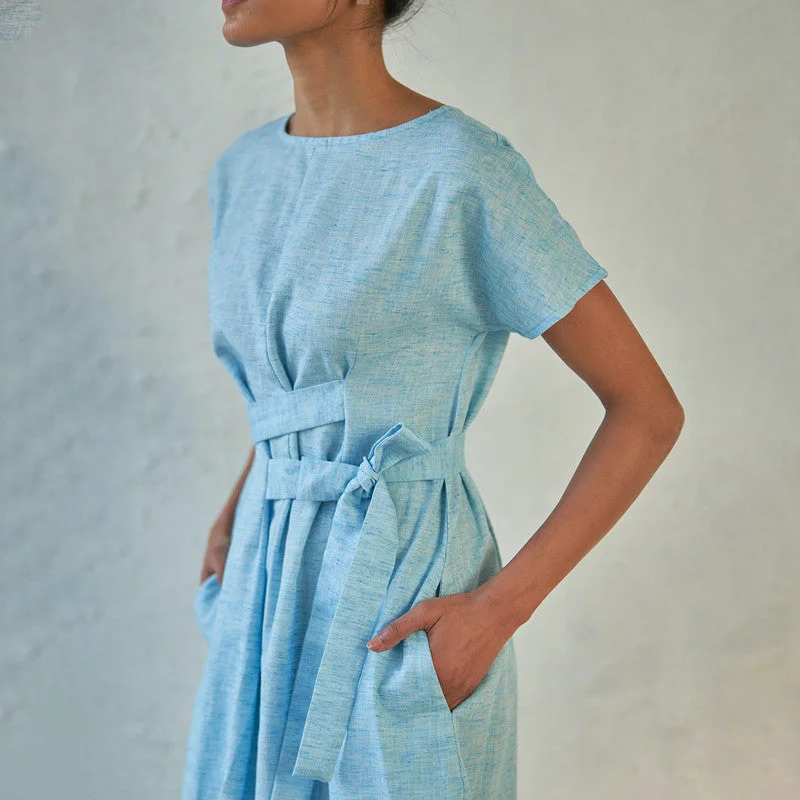 Textured Cotton Midi Dress for Women | Ice Blue | Double Belt