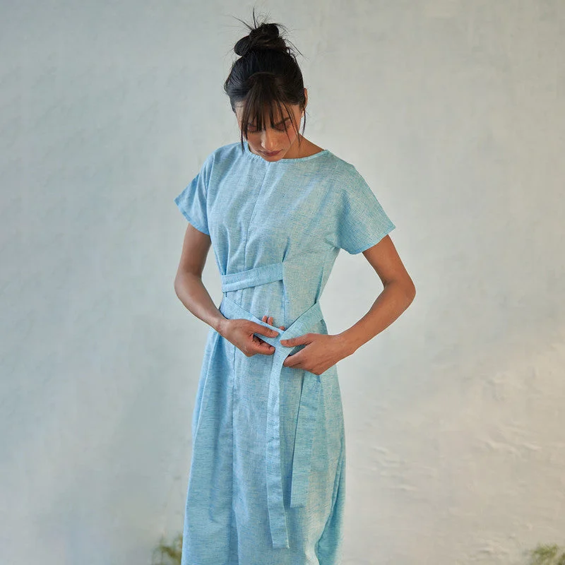 Textured Cotton Midi Dress for Women | Ice Blue | Double Belt