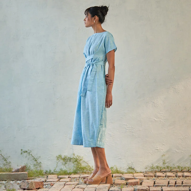 Textured Cotton Midi Dress for Women | Ice Blue | Double Belt