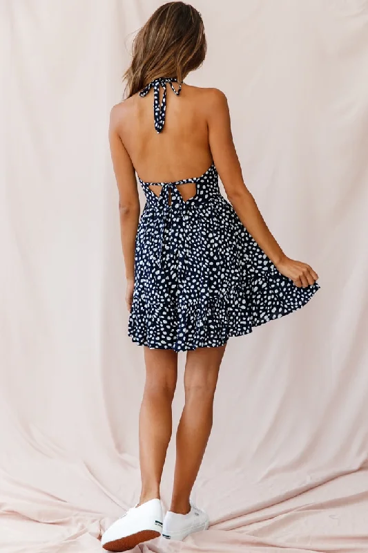 Elin Fit And Flare Halterneck Dress Animal Print Navy