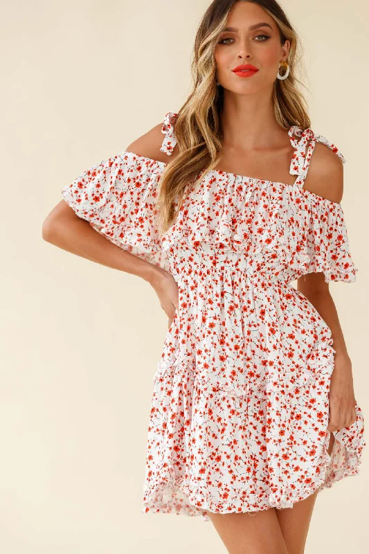 Hacienda Bardot Neckline Frill Dress Floral Print White