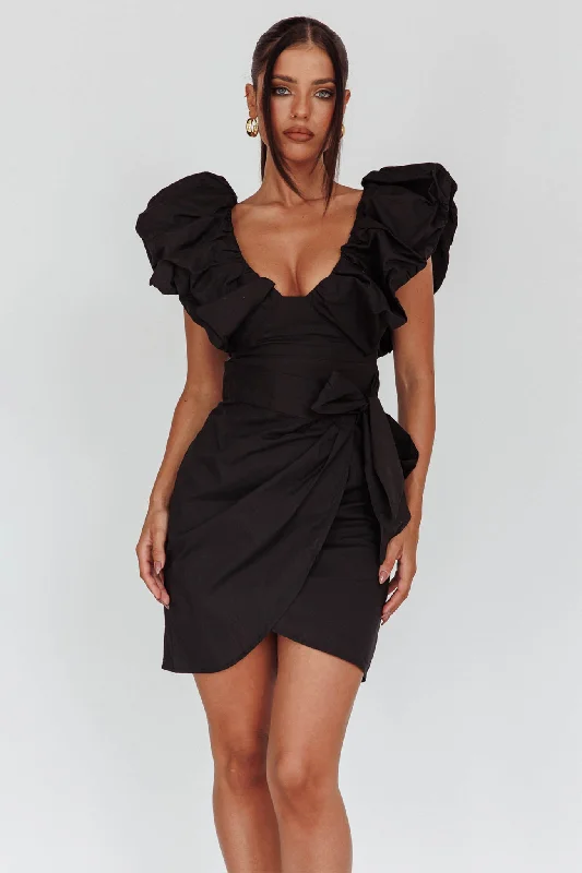 Kahlo Puffed Ruffle Neckline Mini Dress Black