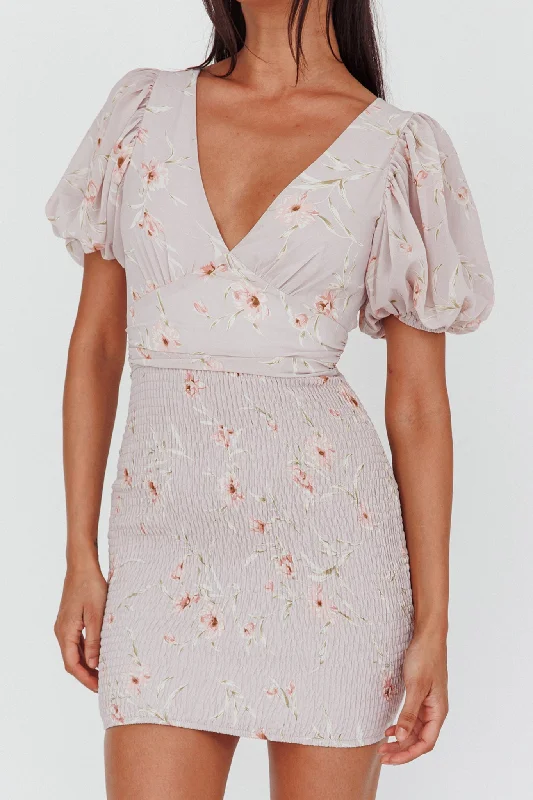 La Nena Shirred Mini Dress Floral Blush