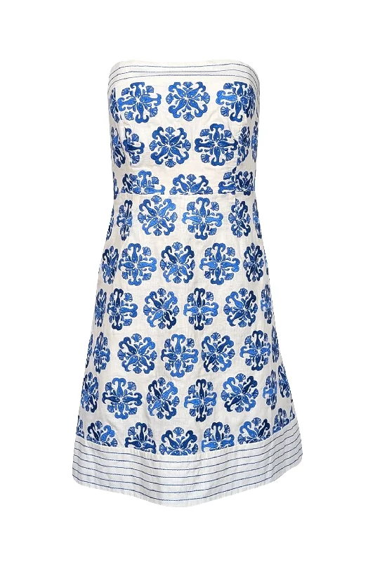 Lilly Pulitzer - White w/ Blue Embroidered Detail Strapless Dress Sz 0