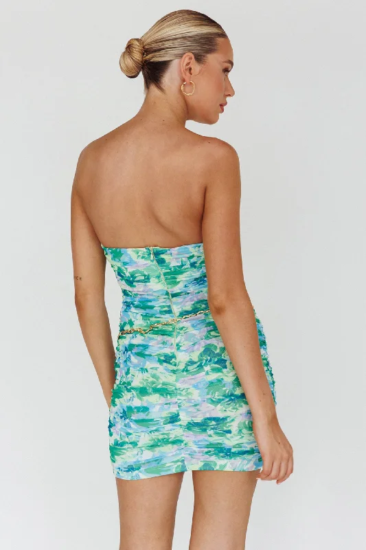 Logan Strapless Ruched Dress Floral Green