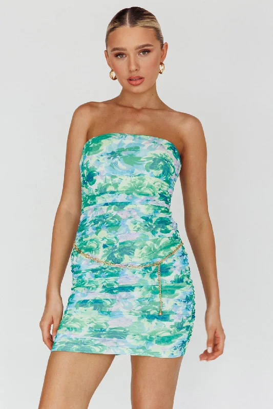 Logan Strapless Ruched Dress Floral Green