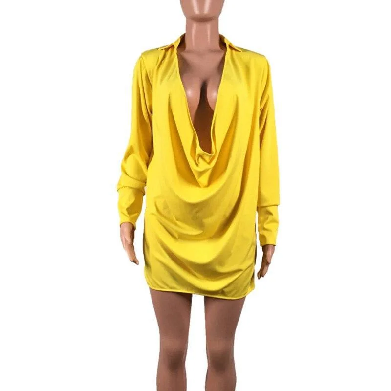 FashionSierra - Low cut v neck shirt dress Women long sleeve draped loose dresses Summer 2019 sexy party dress Yellow vestidos mujer 2019