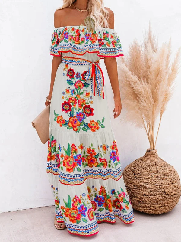 New one-shoulder printed long swing dress