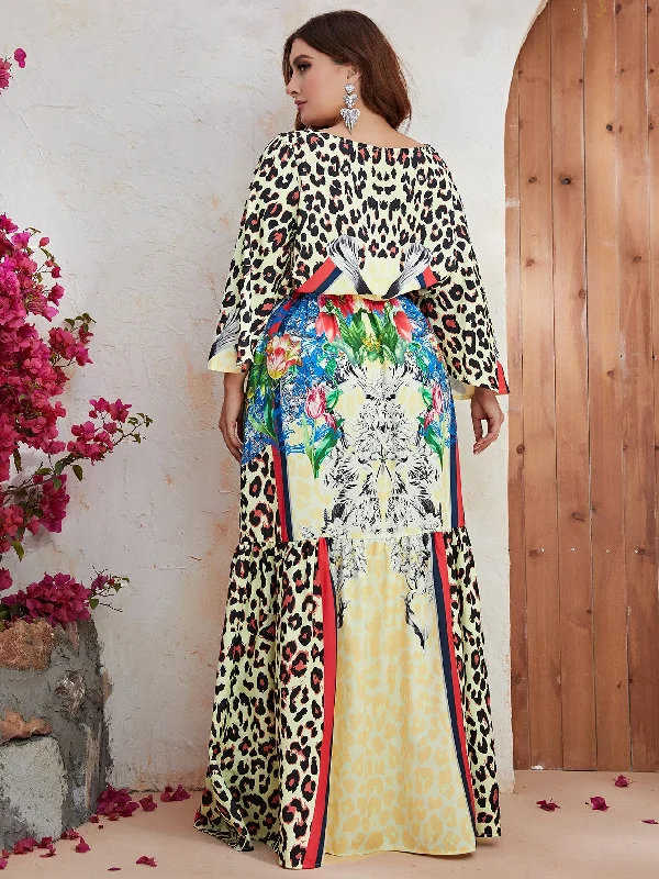 NiDELL Cross-Border plus Size Long Dress New European and American round Neck Leopard Print Long Sleeve Dress-Fssw3087