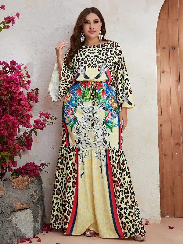 NiDELL Cross-Border plus Size Long Dress New European and American round Neck Leopard Print Long Sleeve Dress-Fssw3087