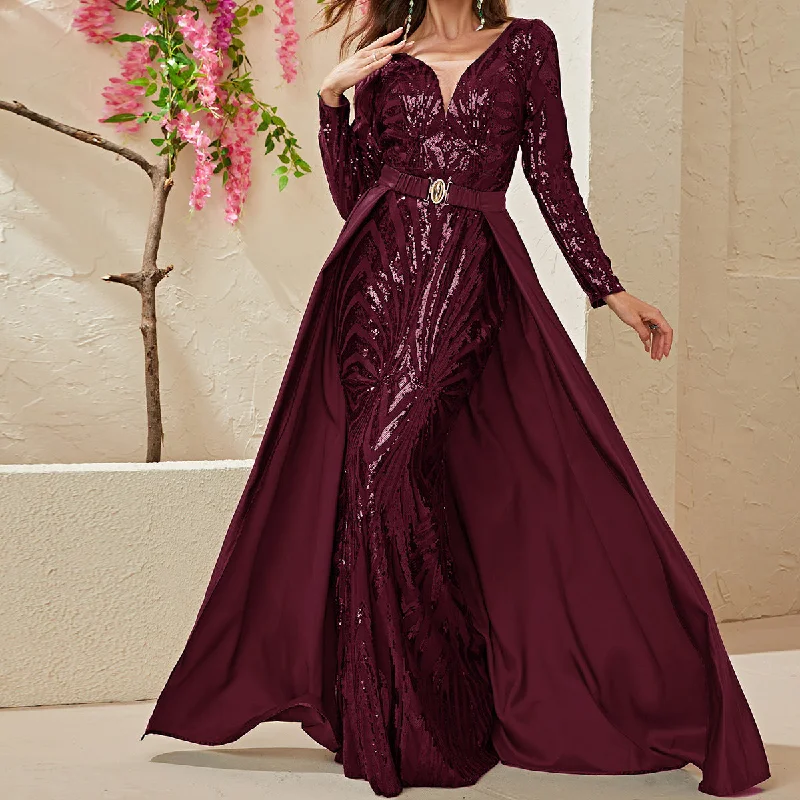 NiDELL European and American Hot-Selling Heavy-Duty Dress Sequin Deep V-neck Banquet Evening Dress Long Sleeve Fishtail Dress-MG285-2