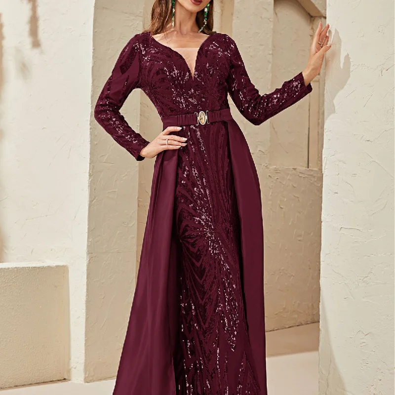 NiDELL European and American Hot-Selling Heavy-Duty Dress Sequin Deep V-neck Banquet Evening Dress Long Sleeve Fishtail Dress-MG285-2