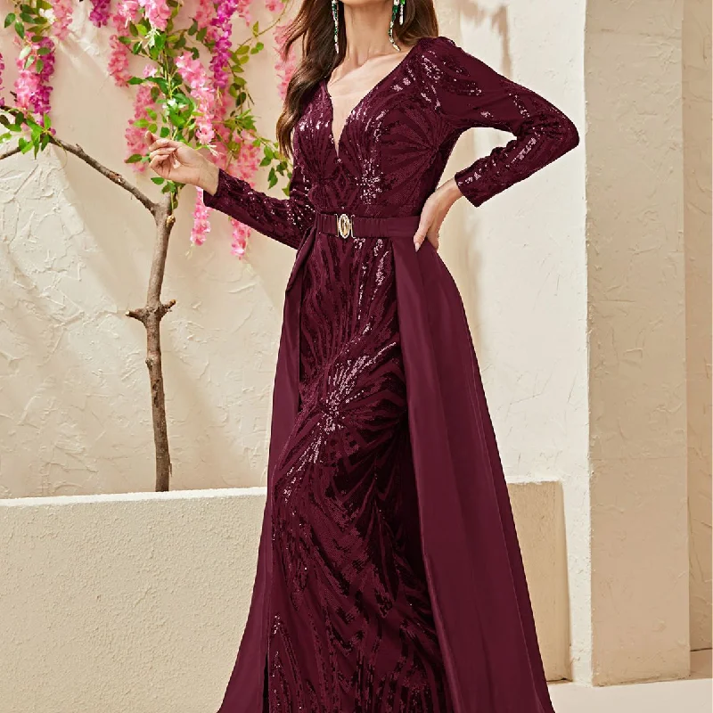 NiDELL European and American Hot-Selling Heavy-Duty Dress Sequin Deep V-neck Banquet Evening Dress Long Sleeve Fishtail Dress-MG285-2