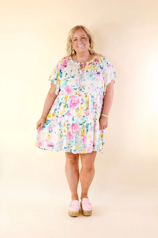 Piece Of Paradise Tiered Floral Dress with Keyhole in Ivory