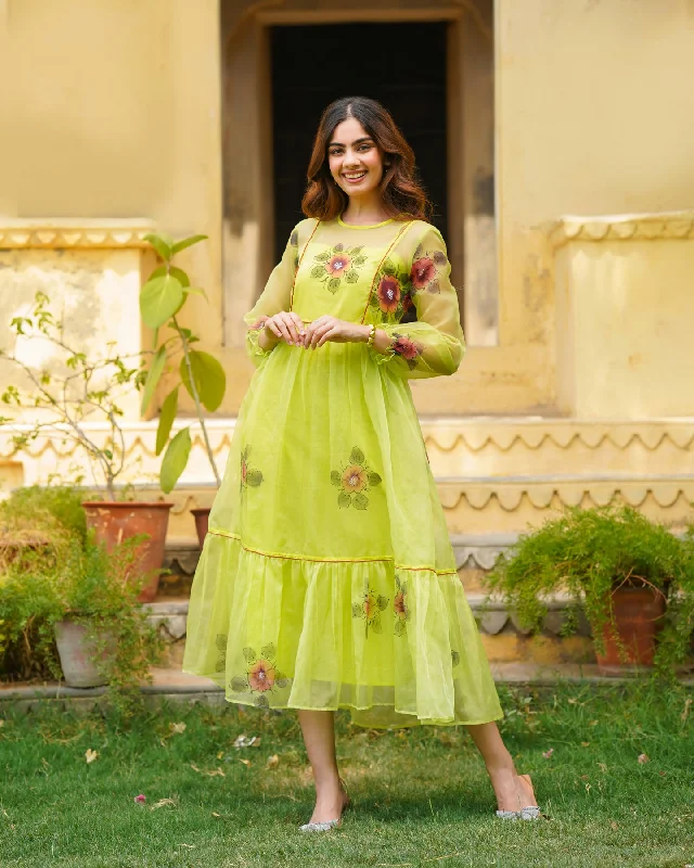 Sheer Neon Handpainted Floral Dress