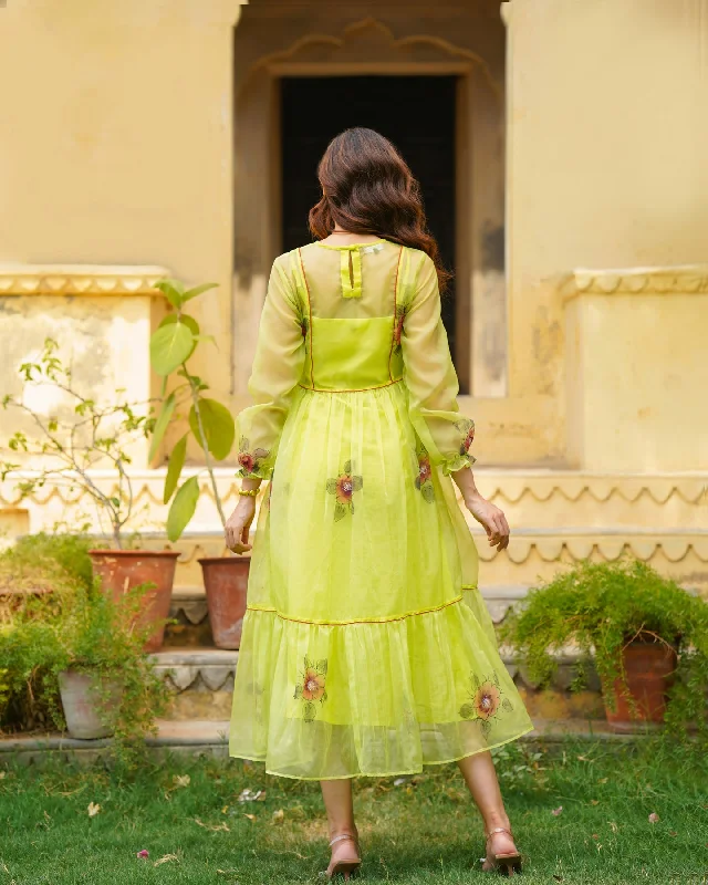 Sheer Neon Handpainted Floral Dress