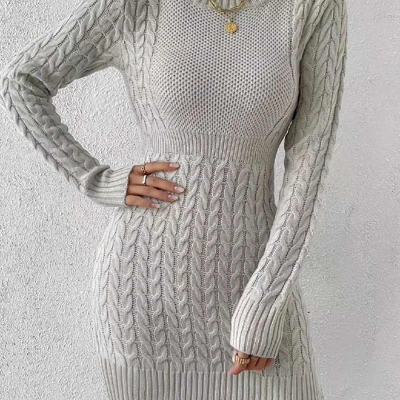 Sixsr Twist Pattern Crew Neck Slim Dress, Casual Long Sleeve Cinched Waist Knitted Dress For Spring & Fall, Women's Clothing