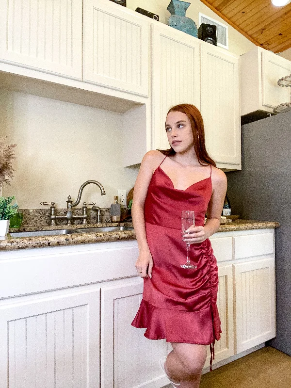 Cider Toast Spaghetti Strap Satin Dress in Marsala