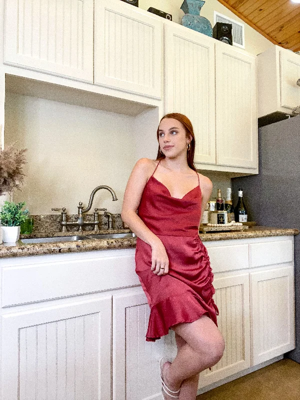 Cider Toast Spaghetti Strap Satin Dress in Marsala