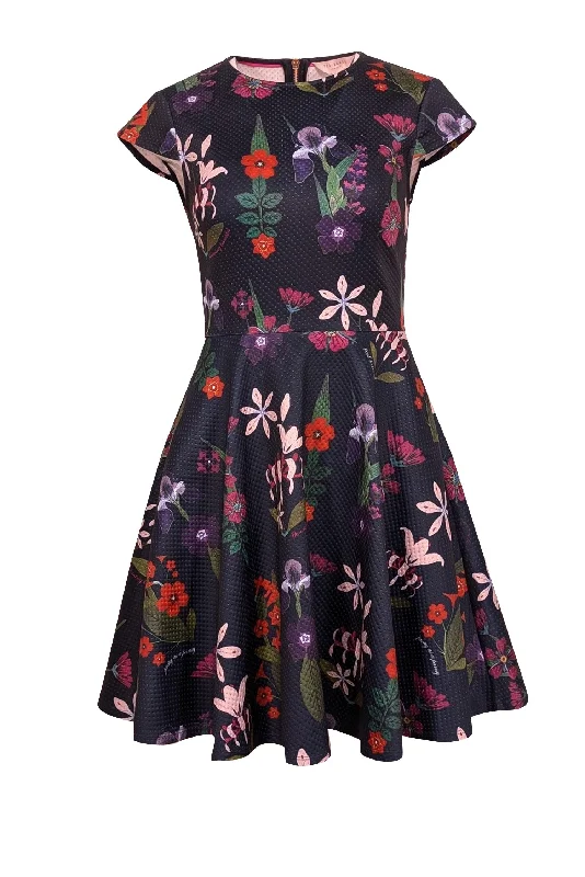 Ted Baker - Navy & Multi Color Floral Textured Cap Sleeve Flared Dress Sz 4