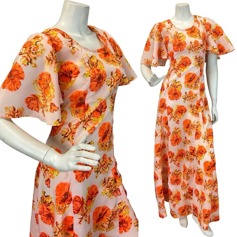 VINTAGE 60s 70s BUTTERFLY SLEEVE ORANGE FLORAL MAXI DRESS 12 14