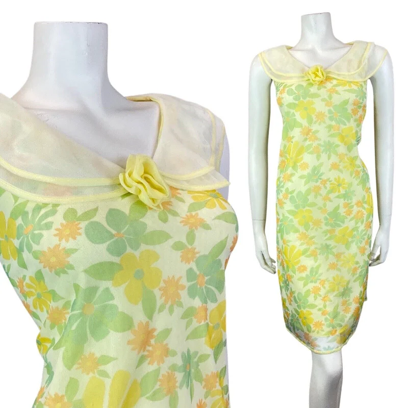 VTG 60s 70s YELLOW GREEN ORANGE FLORAL FLOATY SHEER A-LINE SLIP DRESS 12 14