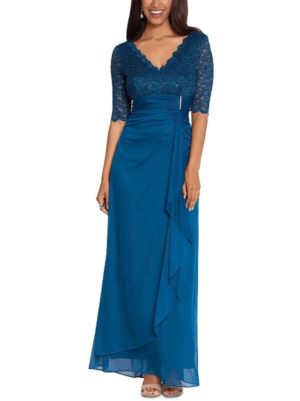 Womens Lace-Trim V-Neck Evening Dress