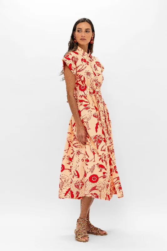 Belted Shirt Dress Midi- Audubon Red