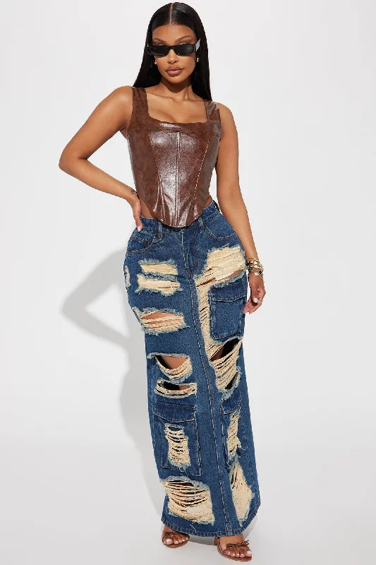 Hot Girl Distressed Denim Maxi Skirt - Dark Wash