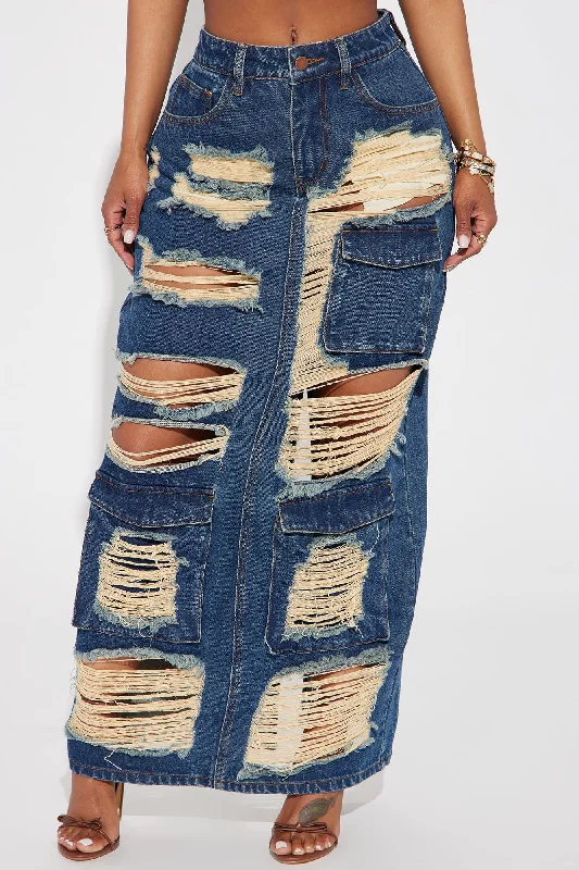 Hot Girl Distressed Denim Maxi Skirt - Dark Wash