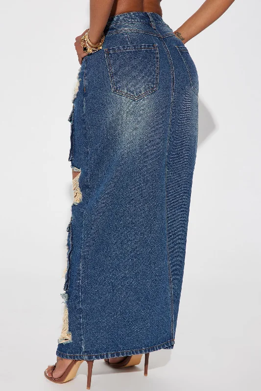 Hot Girl Distressed Denim Maxi Skirt - Dark Wash