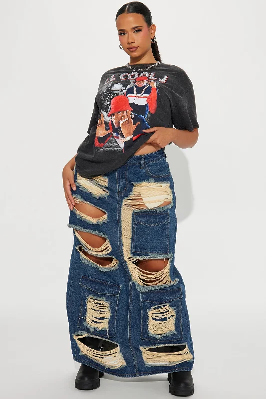 Hot Girl Distressed Denim Maxi Skirt - Dark Wash