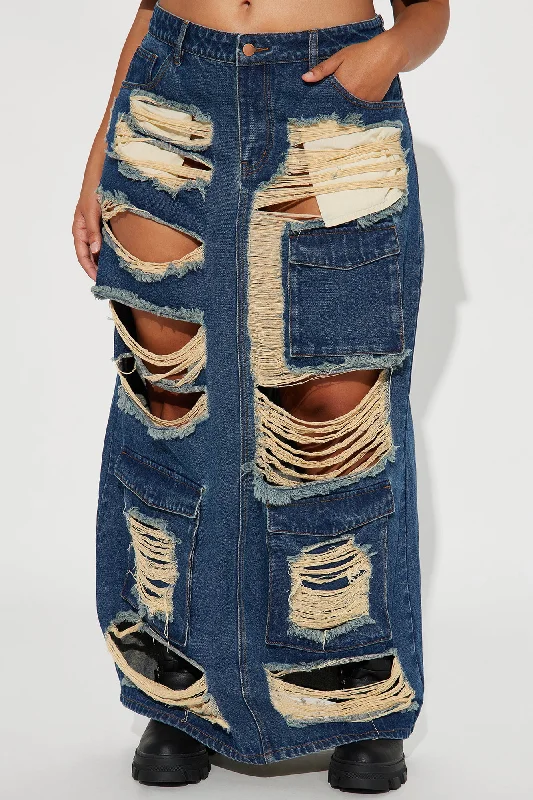 Hot Girl Distressed Denim Maxi Skirt - Dark Wash