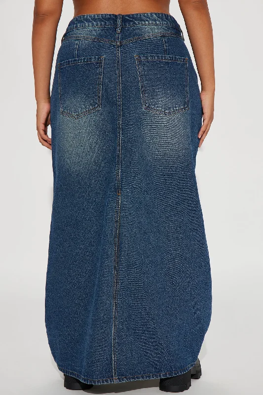 Hot Girl Distressed Denim Maxi Skirt - Dark Wash