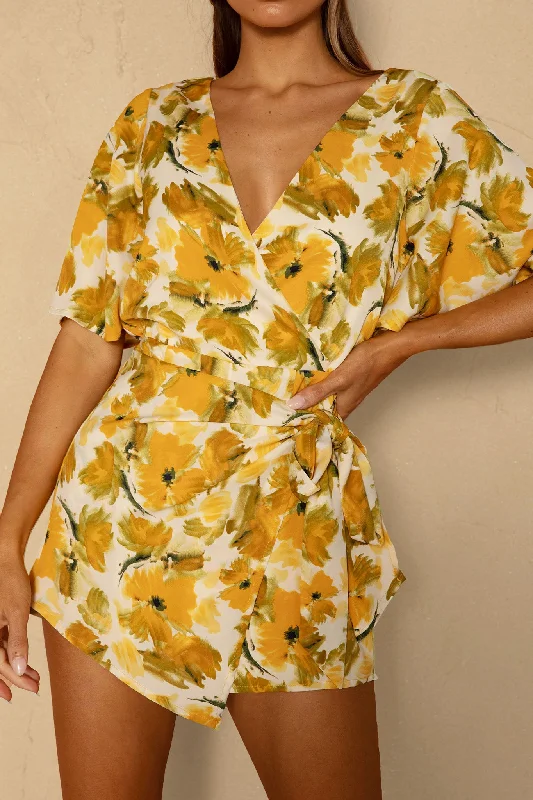 Nadi V-Neckline Wrap Romper Flower Paint Print Yellow