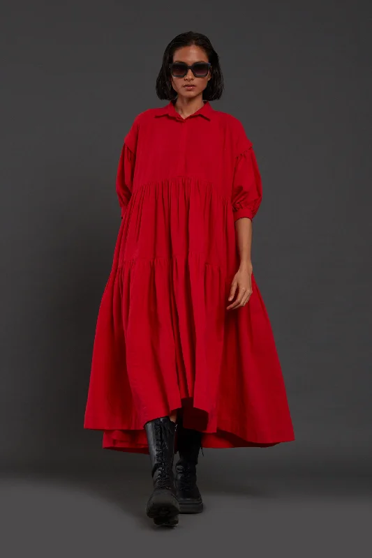 Red Tiered Shirt Dress