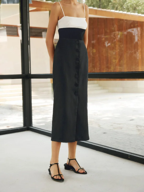 Solid Linen Button Maxi Skirt